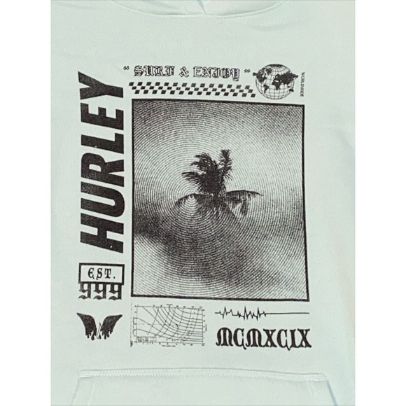 RARE Hurley Worldwide Hoodie Surf & Enjoy Est. 999 Sweatshirt Sea Green Palm - Picture 2 of 8